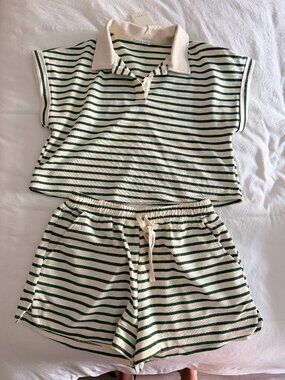 Elle Grey Striped Knit Polo & Shorts Loungewear Set - Green/Cream - L - NWT